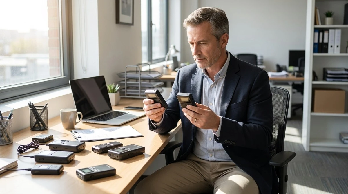 Procurement manager comparing several wireless tour guide device samples on a desk in an office setting Procurement manager comparing several wireless tour guide device samples on a desk in an office setting
