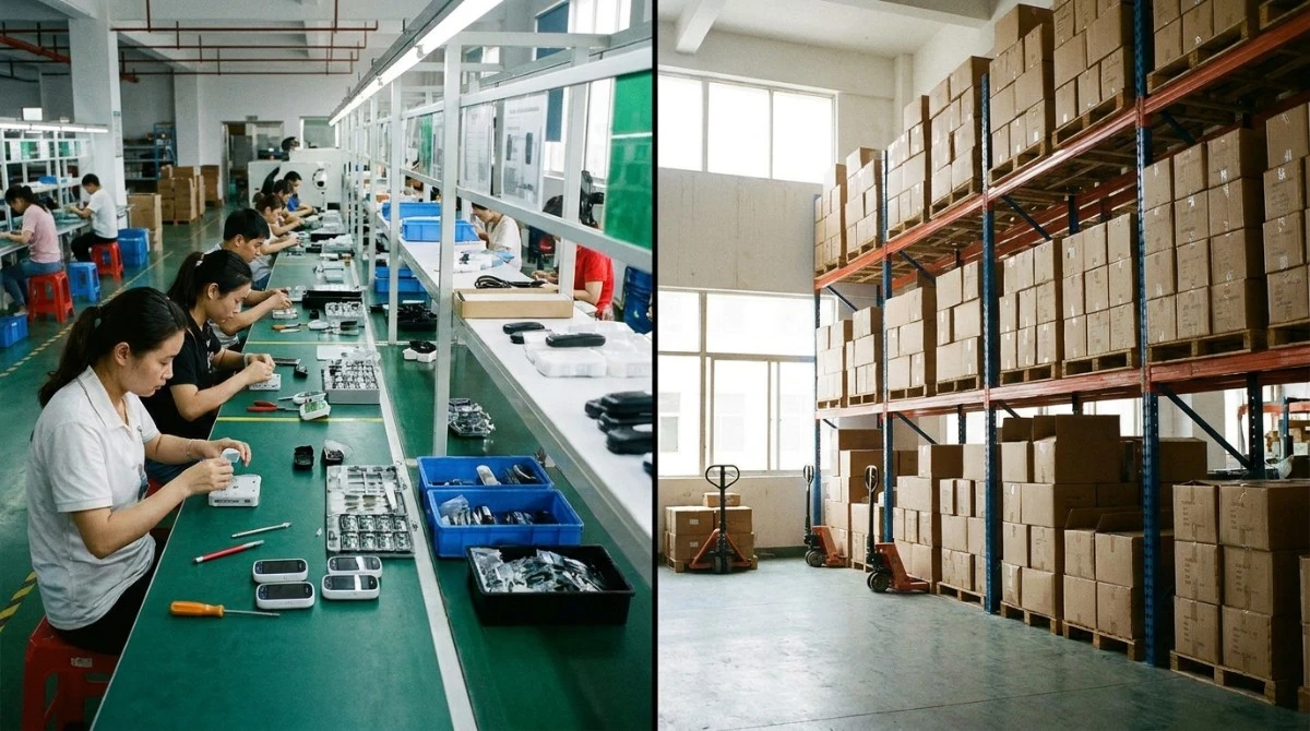 Split-view comparison showing an electronics factory assembly line on one side and a warehouse shipping area on the other Split-view comparison showing an electronics factory assembly line on one side and a warehouse shipping area on the other