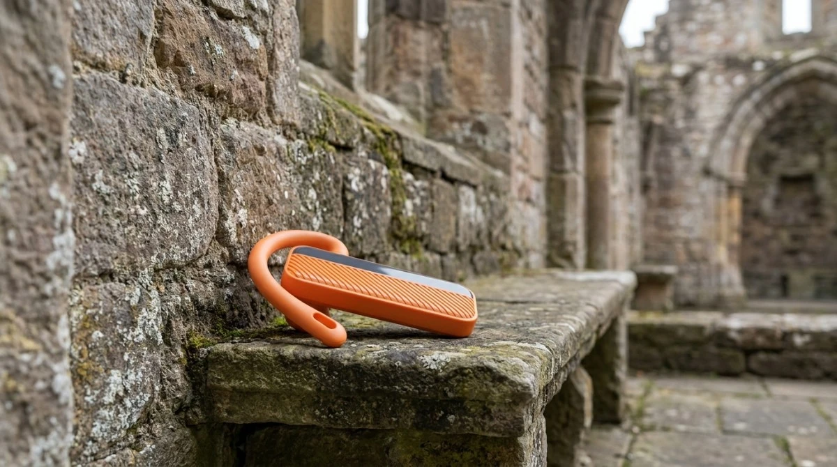 Close-up of a wireless tour guide receiver earpiece with a stone church or heritage site in the blurred background Close-up of a wireless tour guide receiver earpiece with a stone church or heritage site in the blurred background