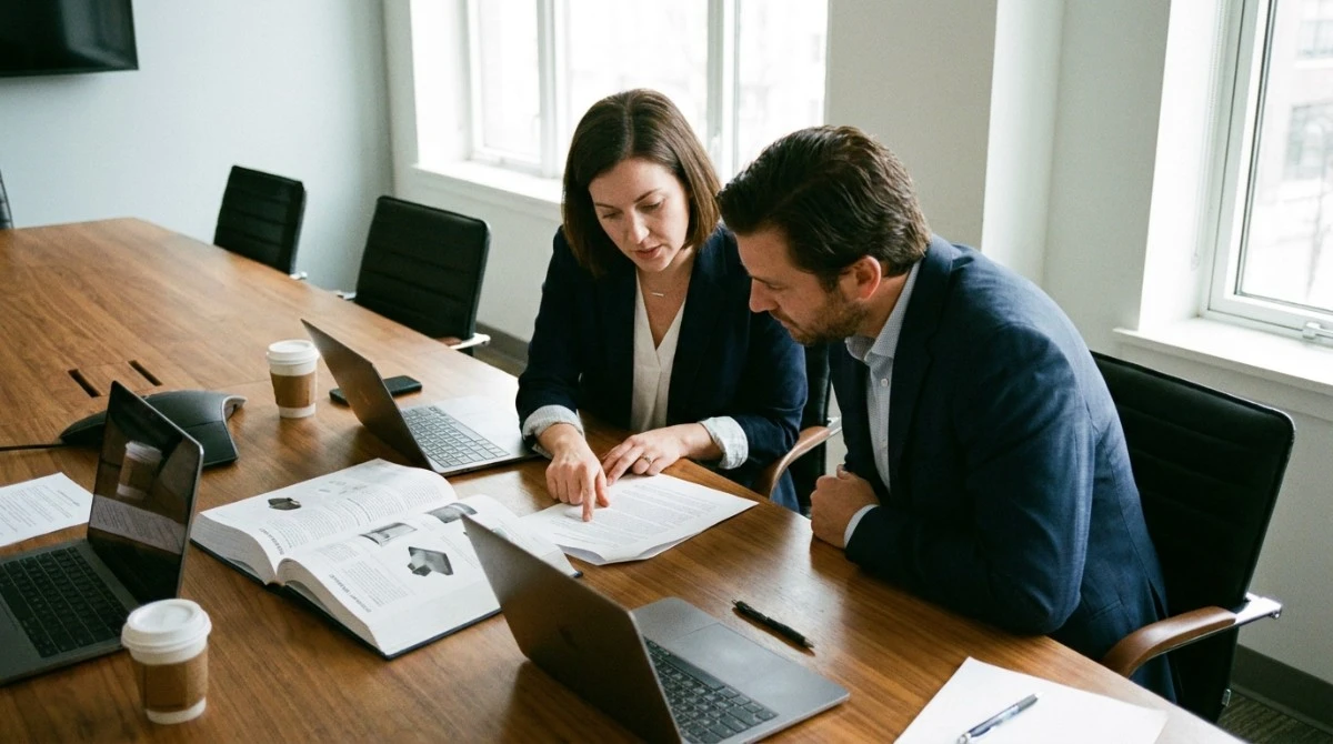 Two people reviewing a purchase agreement and product specification sheet at a meeting table Two people reviewing a purchase agreement and product specification sheet at a meeting table